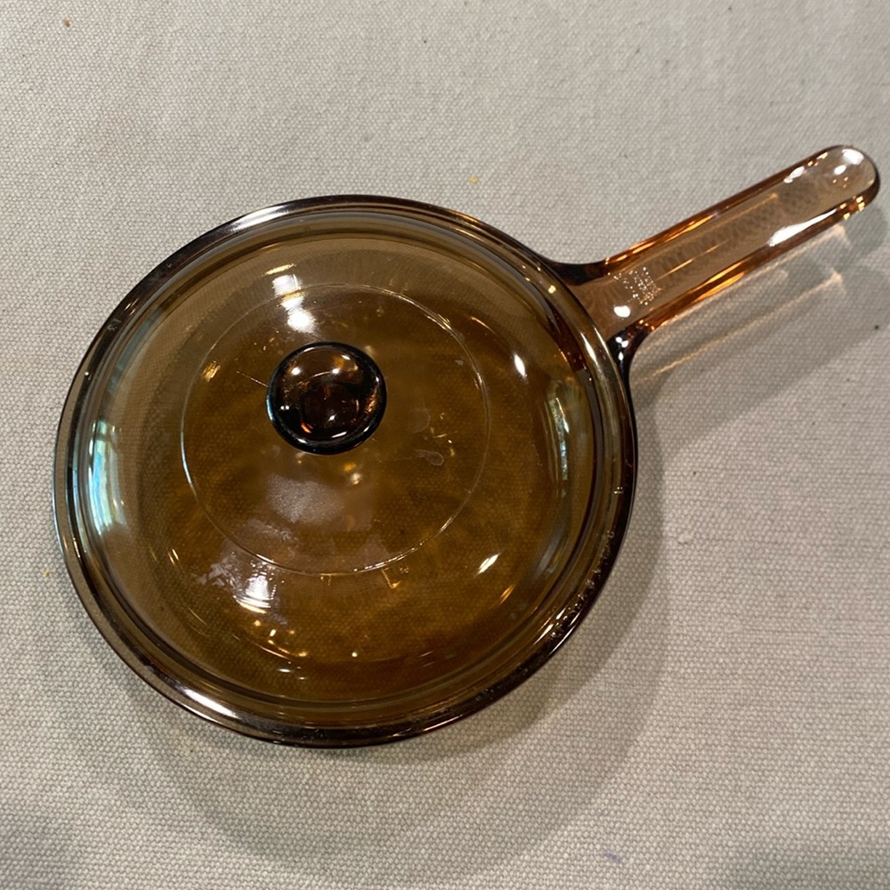 Corning Ware Vision Amber 7” Waffle Bottom Skillet & Pyrex V-1.5 C Lid